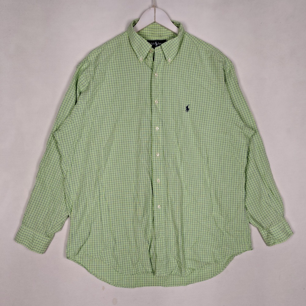 Ralph Lauren Yarmouth Mens 17-35 Green Blue Check Cotton Button Down Shirt